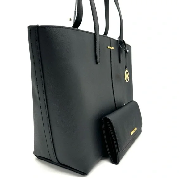 Michael Kors Medium Jet Set Travel Zip Tote Bag & Trifold Wallet Black/Gold